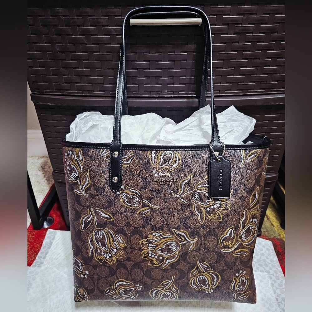 Coach Reversible City Tote Signature Canvas Tulip Print Bag Purse Floral Rare 💐
